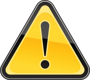 Gold yellow hazard warning attention sign with exclamation mark black pictogram on white background.